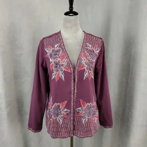 Soft Surroundings Cardigan Jacket Womens Small Purple Blazer Embroidered Flowers - Picture 5 of 13